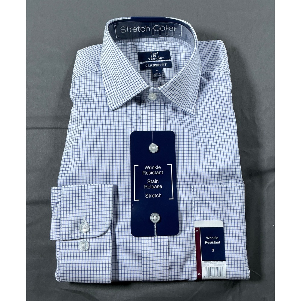 George Men Classic Fit Dress Shirt Blue Check Wrinkle Resistant Stretch Collar S